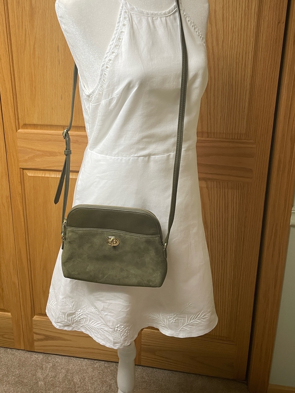 Talbots Olive Suede and Leather Crossbody with Gold Turn-Lock